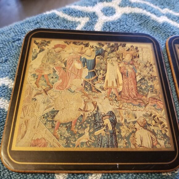 Vintage Pimpernel Cork Wood Coasters 4" Medieval motif set of 5 - Picture 3 of 10